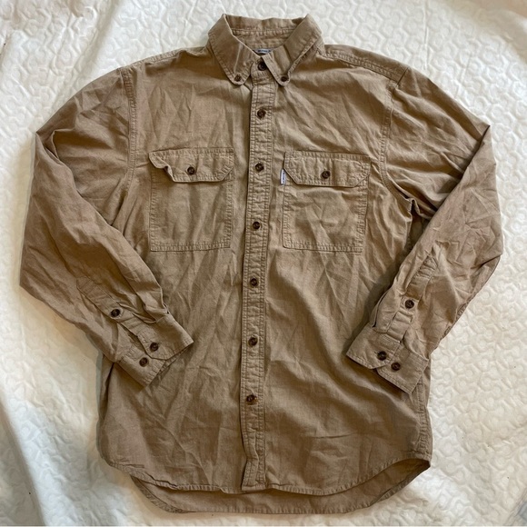 Carhartt Women’s Tan Button Down Shirt Khaki Colored Relaxed Fit Medium - Picture 1 of 8